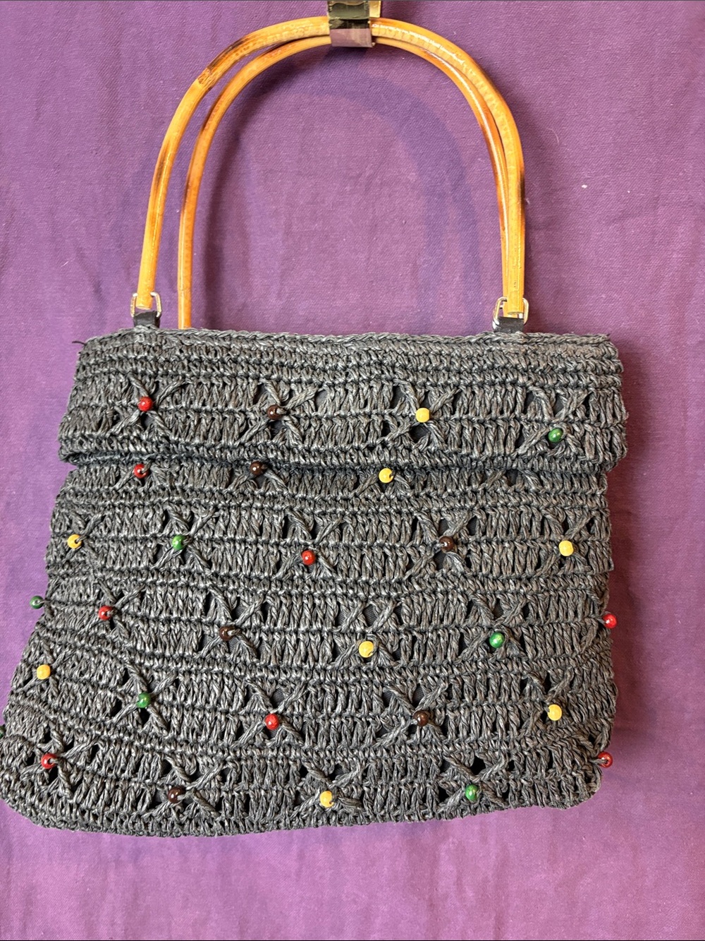 Black crocheted Straw Purse Bamboo Handles with beads Summer Bag